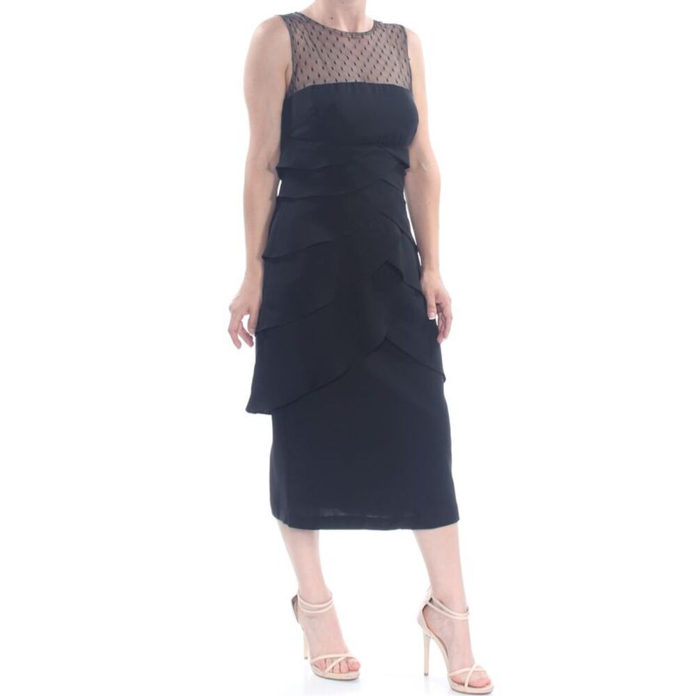 JS COLLECTION Womens Black Ruffles Sleeveless Tea-Length Cocktail Dress 8